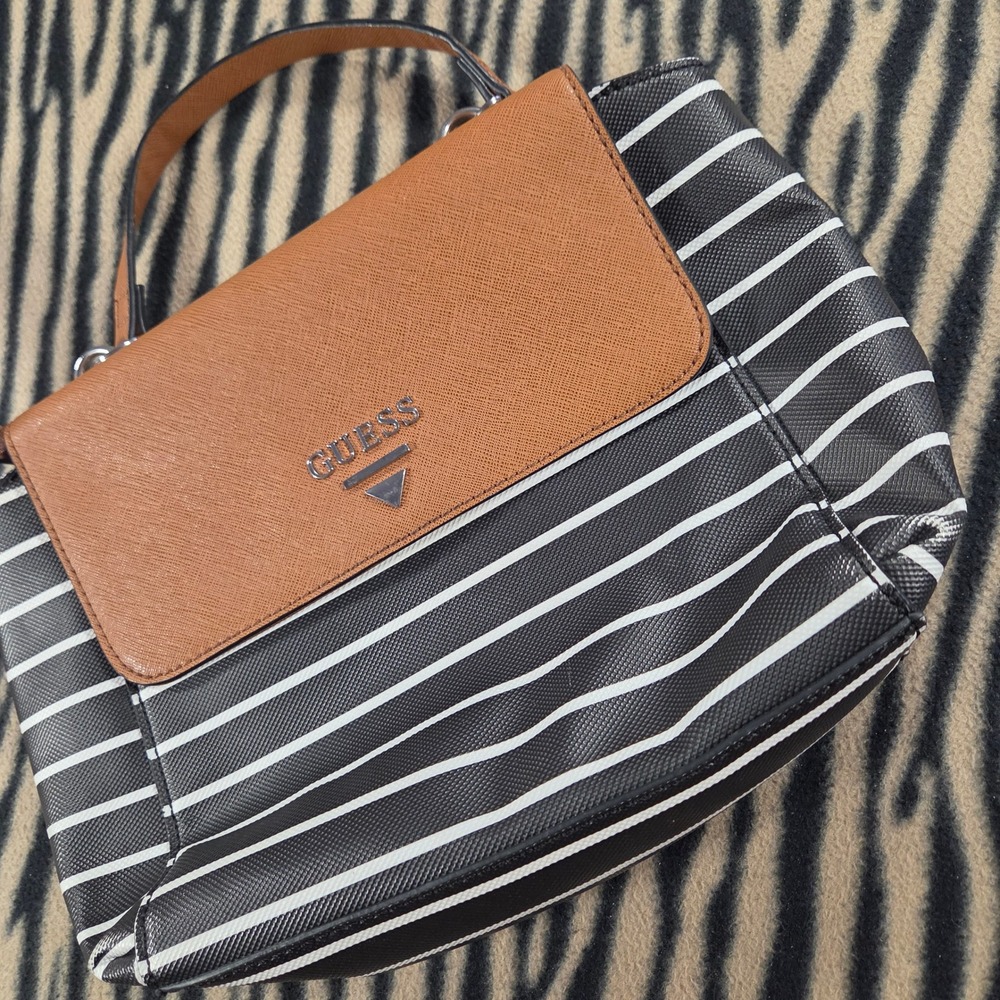 Guess Handbag Cognac Tan Striped Vegan Leather Satchel Crossbody Purse Saffiano